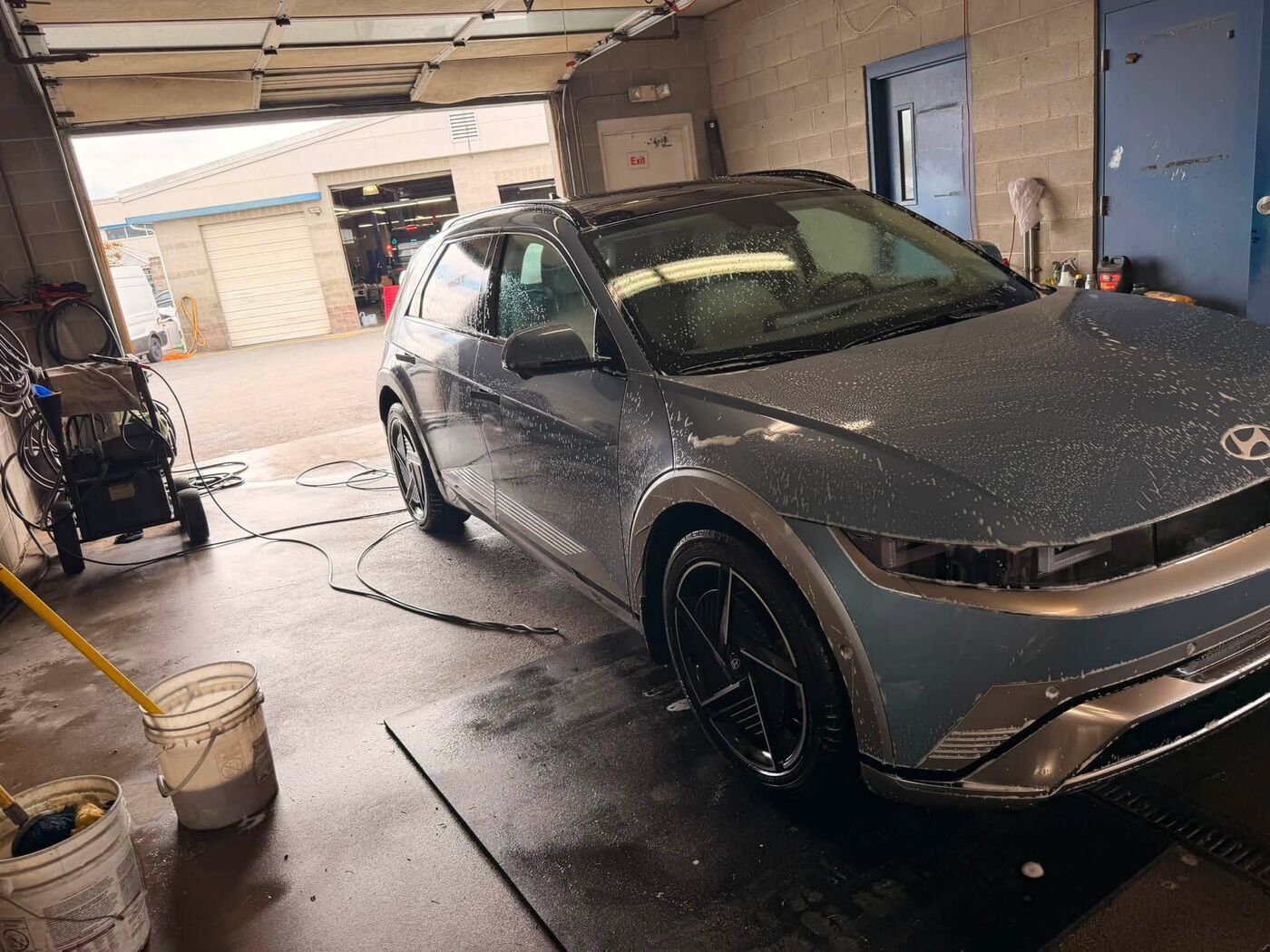 Hyundai Ioniq 5 mid wash in the Skagit Auto Detail bay